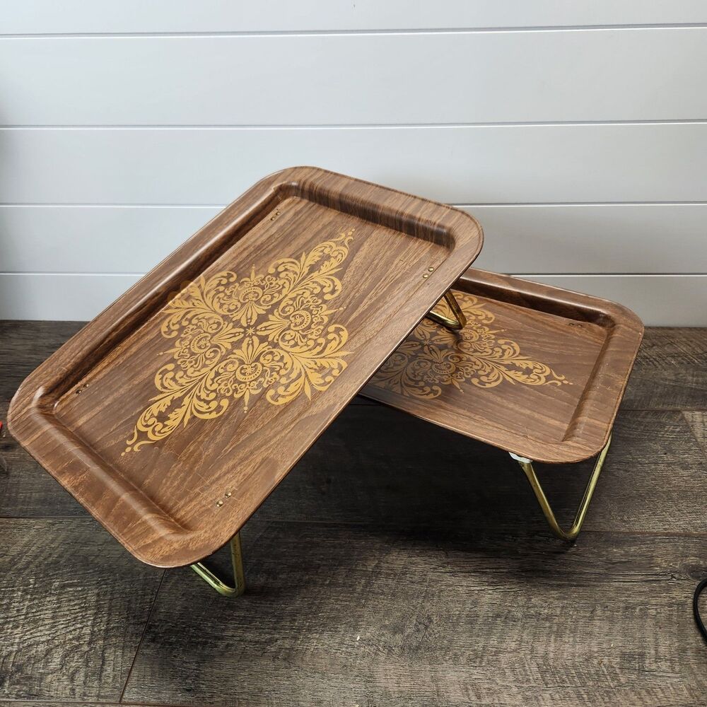 Set 2 Vtg Retro TV Trays Folding Legs Lap Tray Brown Gold Flour De Lis 1970s MCM